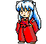 Pixel art character in red kimono with blue hair, shown in multiple poses including standing, holding a sword, and using a scroll.