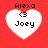 Four identical pixelated heart-shaped icons with red background, each containing text "Alexa" above a symbol and "Joey" below.