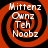 Four identical circular icons arranged in a , each featuring a red and black spiral background with white text reading "Mittenz Ownz Teh Noobz"