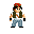 Pixel art character in green vest, white shirt, blue pants, red cap with green pattern, black wristbands, performing various arm and hand movements against gray background.