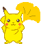 Pixelated yellow cartoon character with brown-tipped ears, red cheek circles, and a large yellow flag-like prop held in both hands against gray background.
