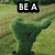 Animated contact sheet showing three frames of a green bushy figure with text overlays on grass background
