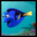 Animated pixel art of a blue fish with yellow tail swimming left to right against turquoise background, paired with text elements on black and gray