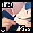 Four- of pixelated anime-style character with blue hair, white shirt, and dark blue vest, each showing 'first' text top-left, 'Kiss' text bottom-right, and heart symbol bottom-left