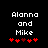 Pixelated text 'Alanna and Mike' above red heart symbols on black background, with one heart changing color between frames.
