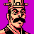 Pixel art portrait of a character with mustache and hat against purple background, 256x256 pixels.