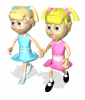 Two cartoon girls with blonde pigtails holding hands, wearing blue and pink dresses, in a walking animation sequence.
