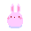 Pixel art contact sheet showing two frames of a pink bunny icon with red eyes and blush marks, displaying ear animation changes against gray background.