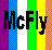 Pixelated black text 'McFly' overlaid on vertical rainbow stripes with purple, blue, white, green, yellow, and orange sections.