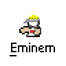 Animated contact sheet of 12 frames showing a pixelated Eminem character in various poses and partial views with red-and-white clothing, yellow crown, and one frame featuring "HI" text on a red banner.
