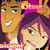 Two cartoon-style characters with brown and purple hair, smiling faces, and colorful clothing against a pixelated background.