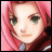 Pixelated 48x48 static icon of a character with pink hair and green eyes, rendered in anime style with visible dithering and low-resolution artifacts.