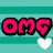 Pixelated 'OMG' text in pink, blue, purple, and green with white hearts above a black-and-white hamster-like character on a striped background.