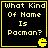 Four identical black square with yellow borders, each containing pixelated text and a Pac-Man icon, arranged in a