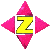 Yellow Z letter surrounded by pink diamond-shaped elements on gray background, with varying element counts and orientations across frames.