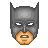 Pixelated static icon of a Batman mask with orange mouth area on gray background.