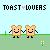 Animated pixel art of two smiling toast slices holding hands on a grassy field with small flowers, under light blue sky.