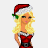 Pixelated cartoon of a blonde woman in Santa attire with text elements on a white background.