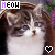 A pixelated cat with brown and white fur sits in a basket, its head turning left to right across frames while the text "MEOW" changes color above it.