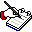 Pixelated animation of a hand holding a red pen writing on white paper with blue lines, transitioning through envelope and checkered patterns.