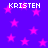 Purple background with scattered pink stars and four instances of the text 'KRISTEN' in white pixelated font.