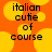 Pixelated text 'italian cutie of course' on orange background with yellow circular shapes, no visible animation changes.