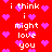 Red background with scattered pink hearts and repeated white text reading "i think i might love you" in pixelated font.
