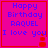 A pink square with blue text reading "Happy Birthday RAQUEL I love you" and a red candle graphic, bordered by thin red lines.