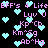 Pixelated icon with repeating text phrases and cyan hearts on black background, no visible motion.