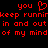 Red pixelated text on black background reads 'you' with heart symbol, repeated 'keep runnin', 'in and out', 'of my mind'