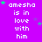 Purple background with repeated white text 'amesha is in love with him' and scattered green and purple stars.