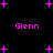 Black background with scattered pink plus signs and four instances of the text 'Glenn' in pink pixelated font.