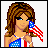 A pixelated buddy icon featuring a cartoon woman holding an American flag next to a "God Bless America" sign in red text on white with blue border.