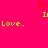A bright pink background displays yellow text reading "Love.." and a red pixelated heart symbol above the text.
