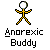 Pixelated stick figure with yellow body and black limbs holding a circular object, below text reading 'Anorexic Buddy' in blocky font.