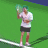 Animated sequence of a person in white shirt and black shorts performing tennis strokes on green court with blue background.