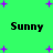 Green background with purple plus signs and four instances of the word 'Sunny' in black pixelated text arranged in two