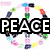 Pixelated icon with 'PEACE' text in bold white letters on black background, surrounded by a circular rainbow-colored peace symbol.