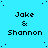 Pixelated text 'Jake & Shannon' repeated across a cyan background with scattered black dots, some instances showing punctuation variations.