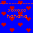 Blue background with red pixelated hearts and orange text reading 'xoxoxo' and 'hahaha' in four quadrants.