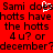 Red background with black pixelated text repeating 'Sami does hotts have the hotts 4 u? or december?' and a white cursor blinking on the word 'does'.