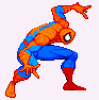 Spider-Man in orange and blue costume with white eyes, crouching pose shifting across from left to right