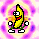 Pixelated banana character with green limbs and red mouth, shown in multiple poses against shifting colorful backgrounds.