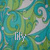 Pixelated static image with swirling green and blue background, white spiral shapes, and the word 'lily' in light gray text at bottom center.
