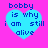 Four identical pixelated blue hearts on a bright pink background, each containing the text "bobby is why i am still alive" in dark blue block letters.