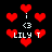 Pixelated red hearts and white text on black background with repeated 'LILY T' and 'i <3' elements.