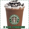 Two side-by-side Starbucks Frappuccino cups with whipped cream and chocolate drizzle, each displaying 'I LOVE STARBUCKS' text below.