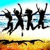 Five black silhouettes of people jumping with arms raised against a gradient background transitioning from blue to yellow.