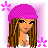 A 4x4 contact sheet of a pixel art animated icon featuring a cartoon woman with long brown hair, pink beanie, and white top in various poses and outfits against a pink floral background.