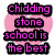 Pixelated text reads 'Chidding stone school is the best' in pink letters on black backgrounds over a pink gradient background.